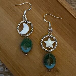 New Adorable Mother of Pearl & Teal Czech Glass Celestial Hoop Earrings